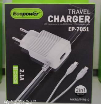 CARGADOR ECOPOWER  EP-7051 2 EN 1 MICRO V8/TIPO C -1 USB 2.1AMP