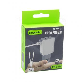 CARGADOR ECOPOWER EP-7068 2 EN 1 MICRO V8 / TIPO C 1USB 2AMP